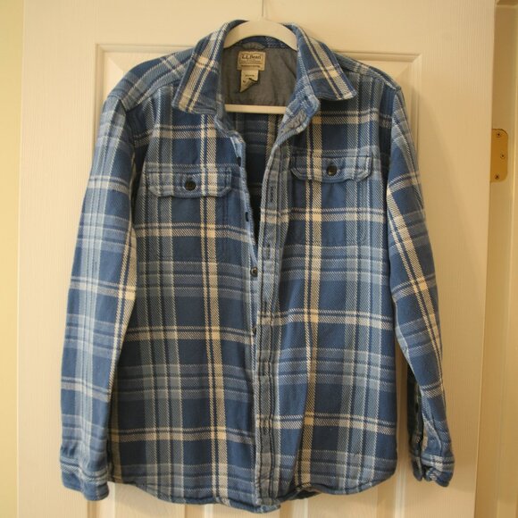 LL Bean Men's Slightly Fitted Shacket Buttondown, Size Large, Blue Plaid - Picture 1 of 3